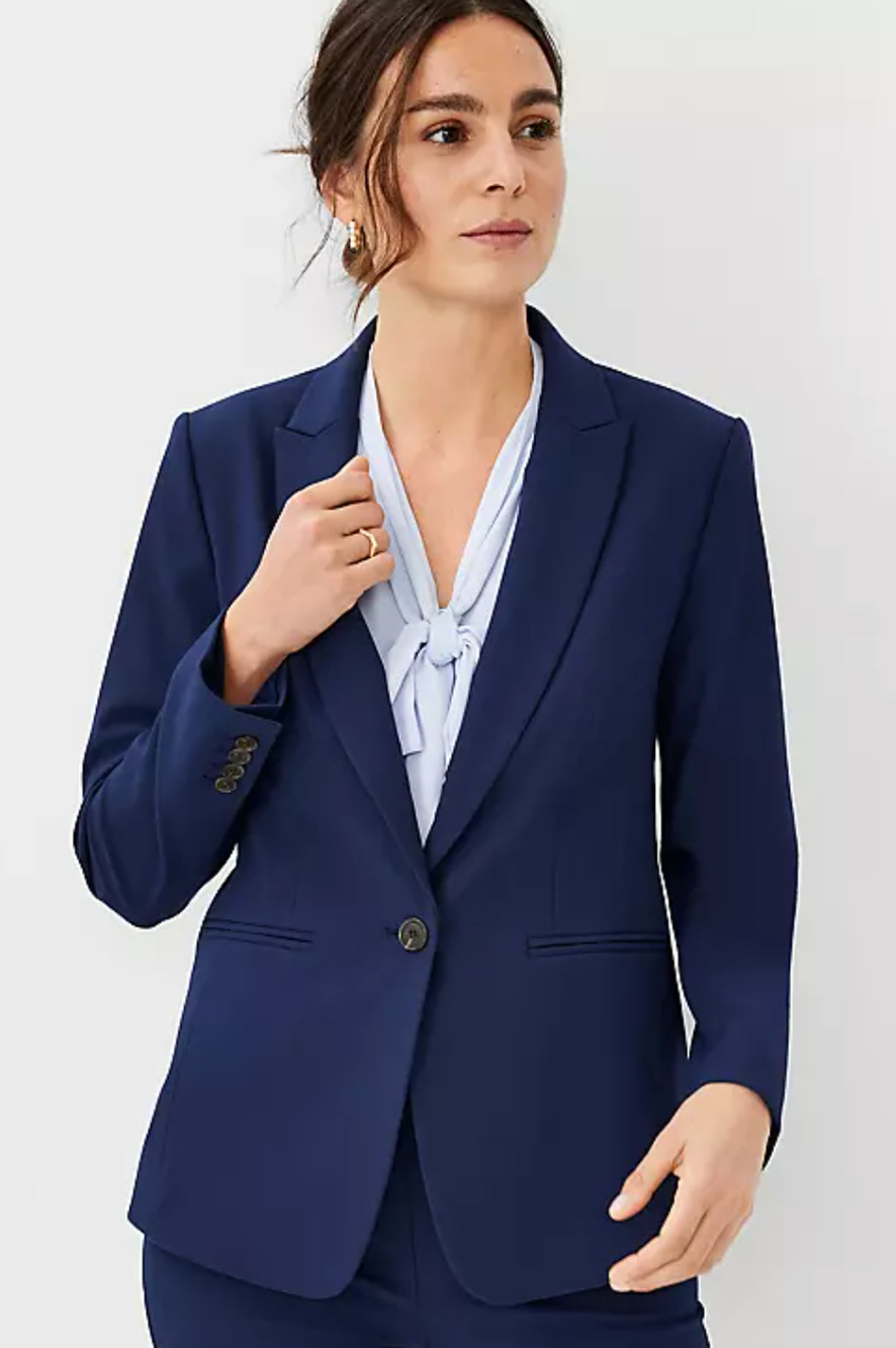 NEW ANN TAYLOR PURE SAPPHIRE BLUE LONG ONE BUTTON BI-STRETCH BLAZER JACKET SZ 4